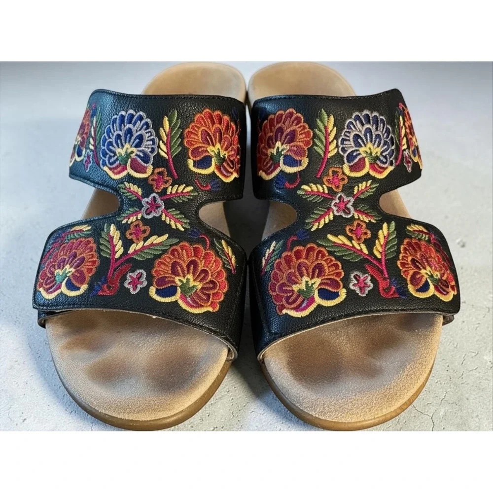 Alegria LIN-601N Floral Embroidered Leather Wedge Sandals Black Multicolor EU 38